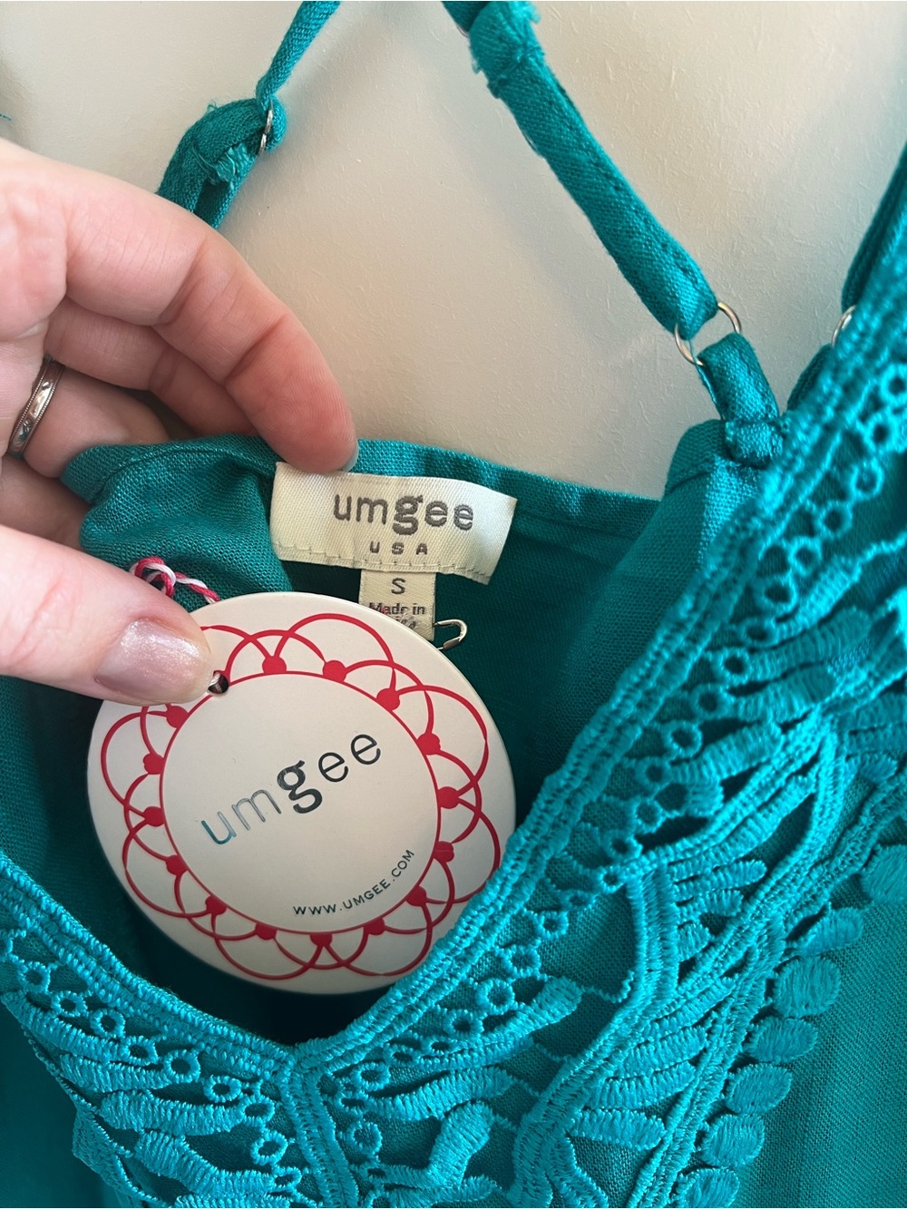 Umgee Teal Crochet-Trim Linen Casual Crisscross Camisole boutique - Picture 7 of 8